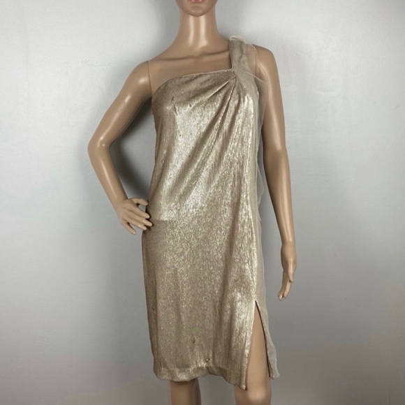 NEW HALSTON HERITAGE ONE-SHOULDER TWIST DRAPE SEQUIN MINI DRESS - Picture 2 of 8